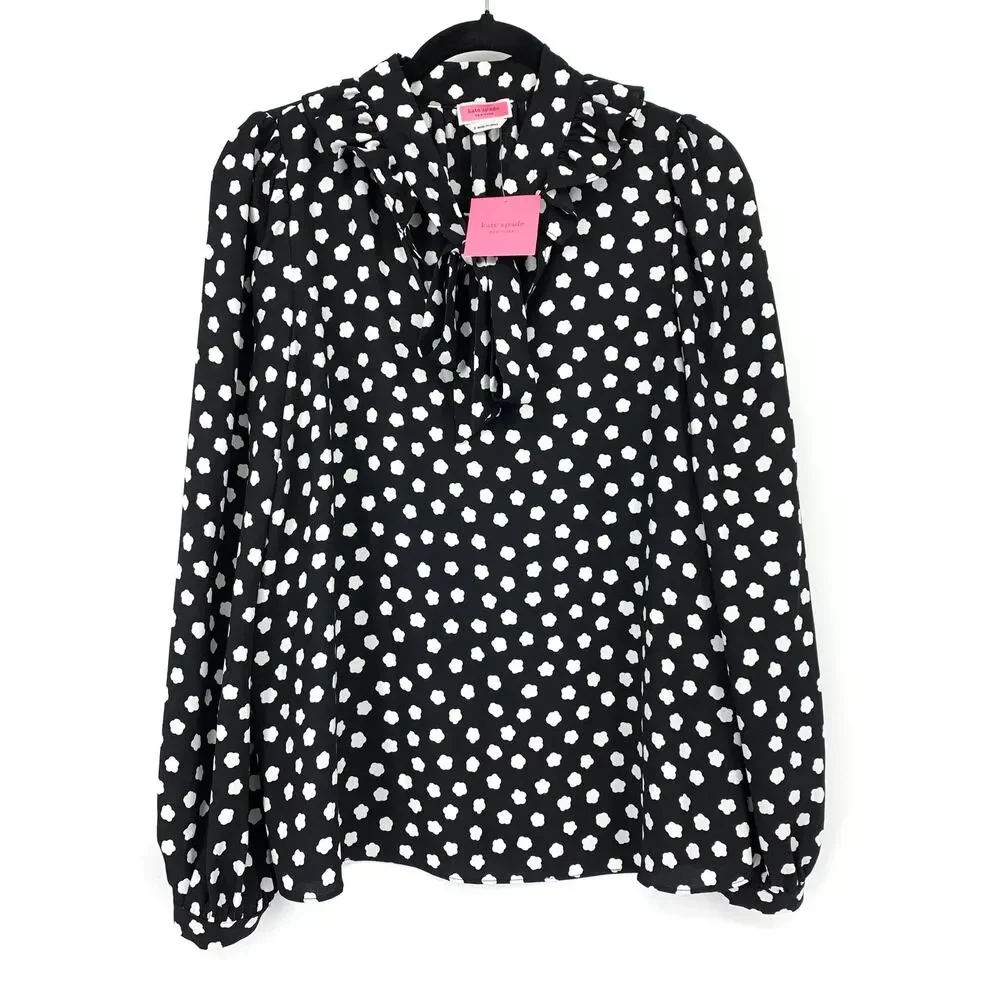 Kate Spade Cloud Dot Blouse Womens Size Small Ruffle Tie Neck Black White NEW